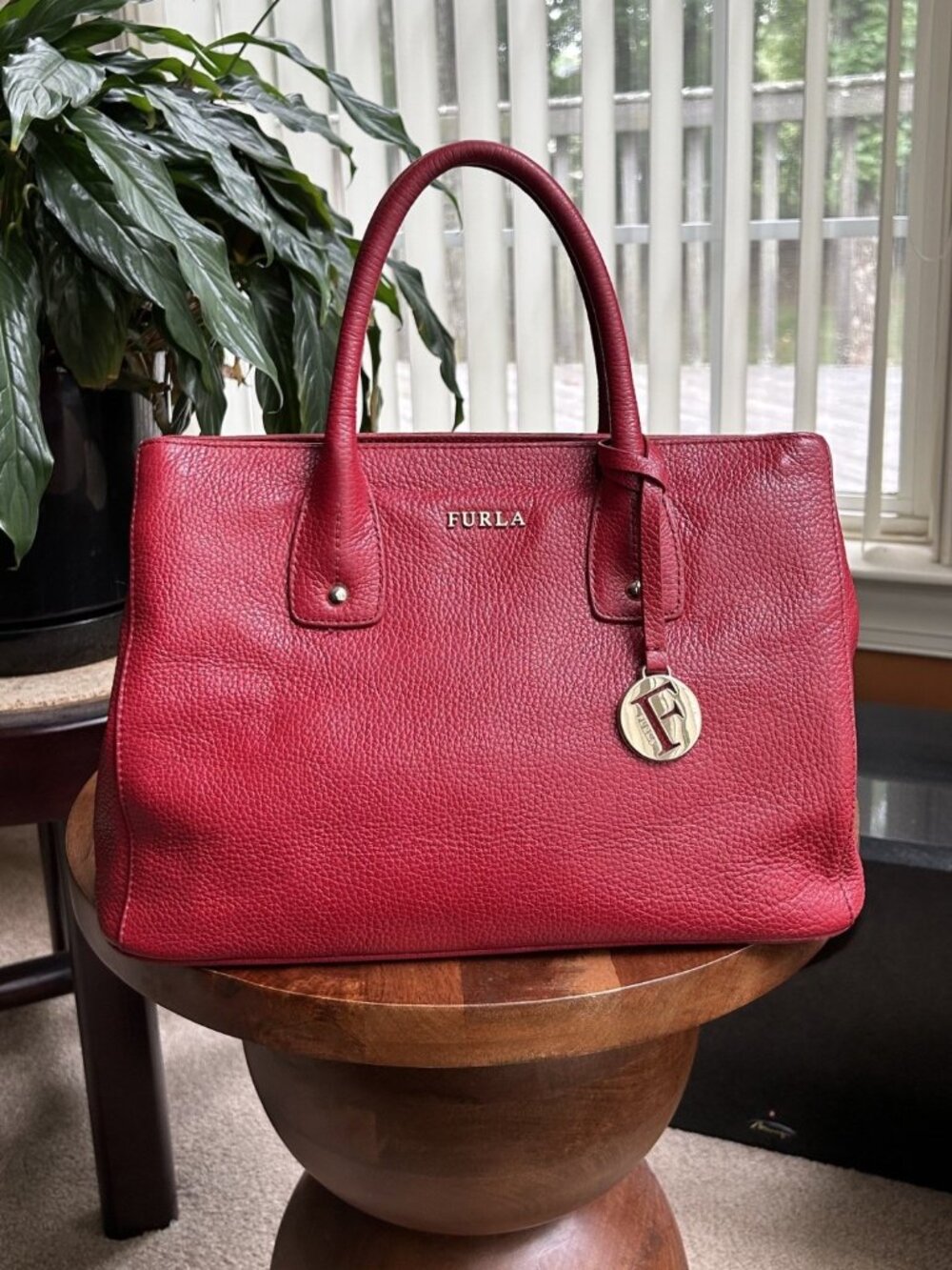 FURLA Pebble Grain Leather Linda Tote Bag, Red
